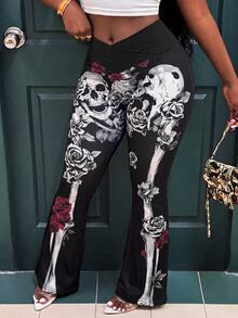 Slaydiva Women's Criss-Cross Waist Skull Print Flared Leg Pants - Multicolor - View 3