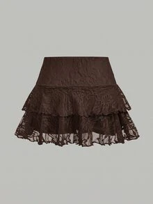 Girlism 少女棕色蕾絲提花裙，優雅度假上班新娘通用款，鏤空紋理抓皺A字迷你裙，適合四季夏季 - 棕色 - 查看 2