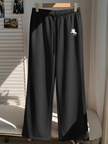 SHEIN EZwear 女款秋冬保暖內裡寬鬆休閒運動長褲，適合日常穿著，開學季適用 - 黑色 - 查看 4