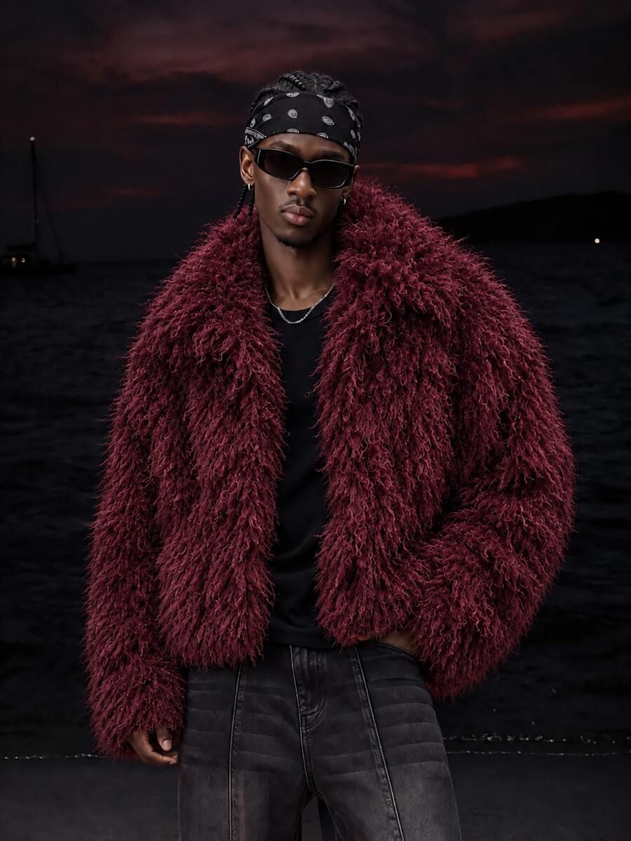 STEELVANCE Men's Solid Color Lapel Long Sleeve Loose Fit Faux Fur Jacket - Burgundy - View 1