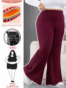 SHEIN CURVE+ 大尺碼女款黑色羅紋喇叭褲，秋冬季 - 酒紅色 - 查看 1