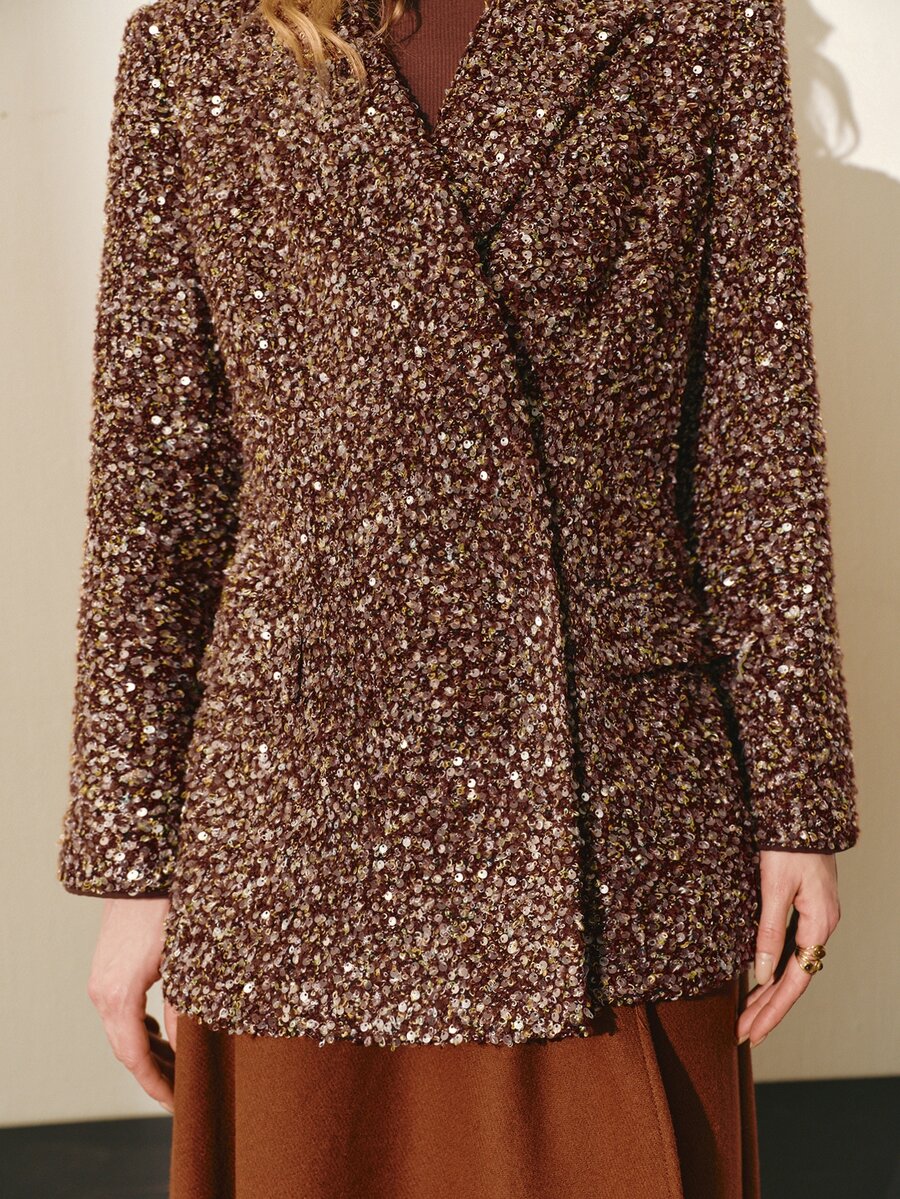 MOTF PREMIUM WOMEN'S SEQUIN TWEED BLAZER JACKET, AUTUMN/WINTER - Coffee Brown - View 2