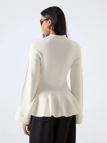 LYSMO Women's Cinched Waist Ruffle Hem Long Sleeve Sweater - Apricot - View 2