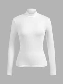 SHEIN EZwear 2件組女款純色立領長袖休閒百搭T恤 - 白色 - 查看 3