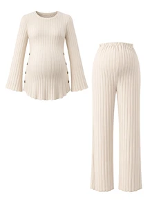 Moonlight&Mama Maternity Ribbed Long Sleeve Top And Adjustable Waist Pants Loungewear Set - Khaki - View 3