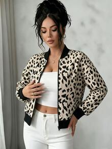 Selianne Women's Leopard Print Long Sleeve Zip-Up Baseball Collar Jacket - Black - View 3