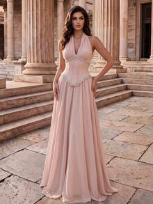 Coutiva Women's Pearl Chiffon Patchwork Wedding Rehearsal Dinner Bridal Getting Ready Dress With Rhinestone Strip Front Panel, Formal Gown Winter Elegant - Dusty Pink - View 6
