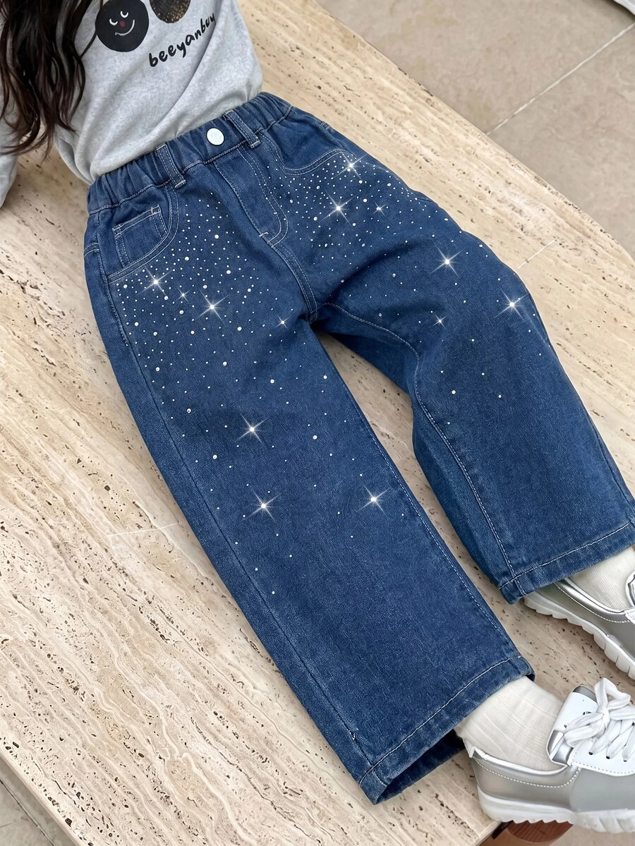 SHEIN Explorewe 女童牛仔長褲,秋季新品,深藍色,彈性腰頭抽繩設計,寬鬆版型,輕量柔軟牛仔布料 - 深色水洗藍 - 查看 1