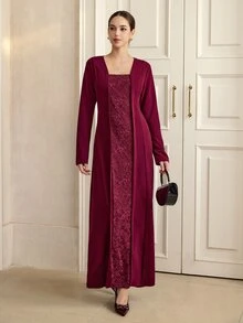 Graceveil Autumn/Winter Burgundy Lace Patchwork Long Sleeve Elegant Long Dress For Wedding And Evening Party - Burgundy - View 6