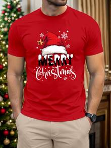 Manfinity Homme 聖誕帽 Merry Christmas 時尚休閒印花男士紅色標準尺寸修身短袖T恤 - 紅色 - 查看 2