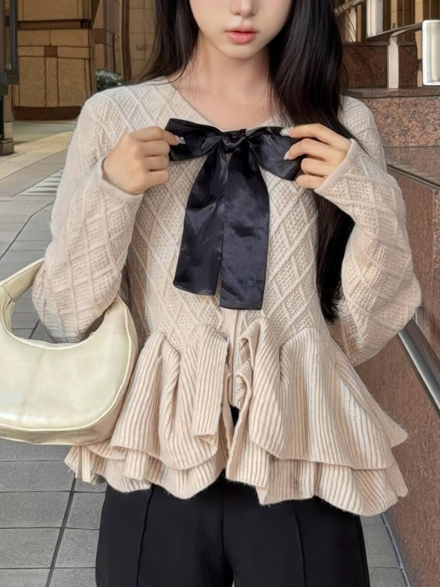 FRIFUL Women's Bow Decor Ruffle Hem Long Sleeve Sweater - Apricot - View 1