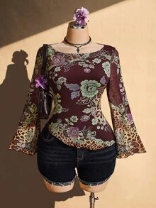 SHEIN ICON 大尺碼復古 Y2K 中式花卉印花喇叭袖不對稱下擺網眼針織上衣 秋季 - 酒紅色 - 查看 3