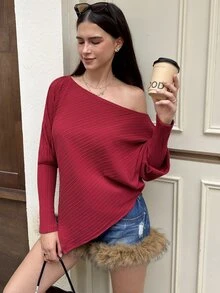 MainGRL Red Knitted Ribbed Casual Versatile Sweet And Spicy Off-Shoulder Women's Long-Sleeved T-Shirt - Red - View 1