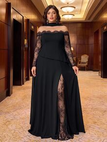 Aureia Plus Size Elegant Charming Romantic Black Stretch Knit Contrast Lace Long Sleeve Sheer Lace Collar Lace Trim 2-In-1 Flared Hem Contrast Lace Suitable For Wedding Party Celebration Formal Event Evening Gown (Heavy Workmanship Design) - Black - View 5
