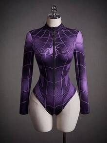SHEIN ICON Women's Spider Pattern Casual Daily Wear Bodysuit - Purple - View 3