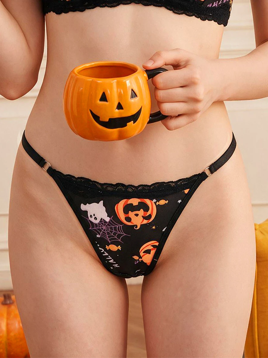 SHEIN 1pc Halloween Print Women's T-Back Panty - Black - View 1