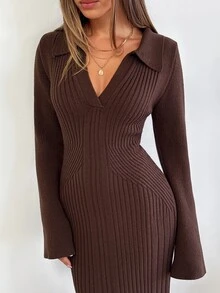 Aloruh Women Sweater Dresses,Autumn,Winter - Brown - View 8