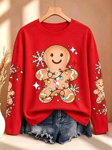 EMERY ROSE Plus Size Women's Spring/Summer Gingerbread Man Print Crew Neck Long Sleeve Casual T-Shirt Christmas - Red - View 1