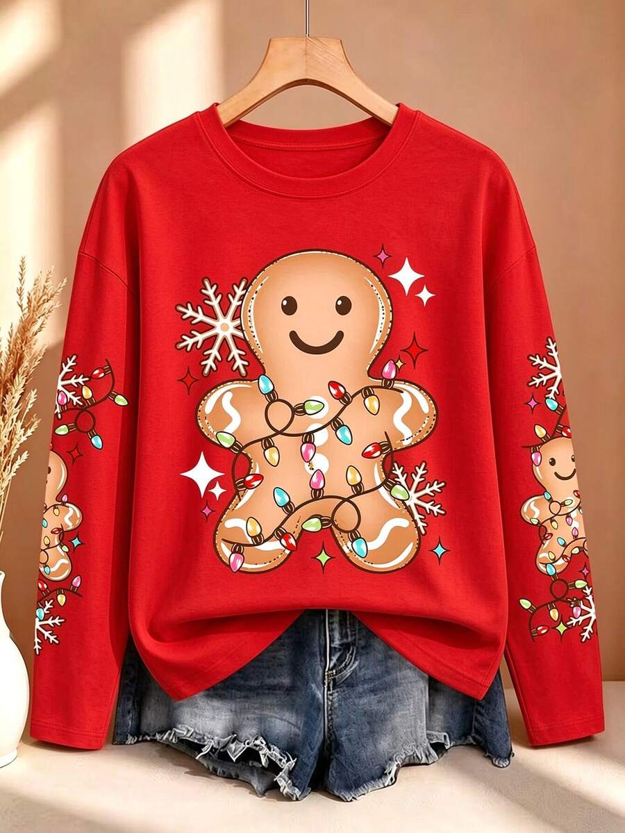 EMERY ROSE Plus Size Women's Spring/Summer Gingerbread Man Print Crew Neck Long Sleeve Casual T-Shirt Christmas - Red - View 1