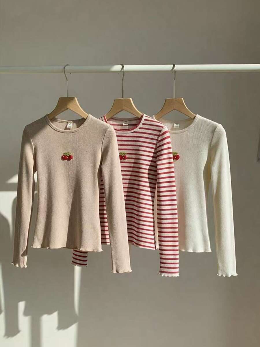 SHEIN Girls' 3-Color Top, Red Striped With Beige And Khaki Solid Color ...