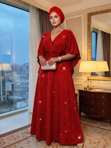 Auveirra 大尺碼女款優雅休閒星空性感洋裝，3D花朵裝飾亮面喇叭袖，婚禮晚宴正式穿著，灰粉色夏季公主風 - 紅色 - 查看 6