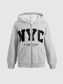 SHEIN Tween女孩連帽字母印花前開襟拉鍊衛衣 開學季秋冬款運動衫 - 棕色 - 查看 3