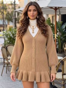 Linhara CURVE Plus Size Vintage Button Ruffle Hem Sweater Dress - Khaki - View 2