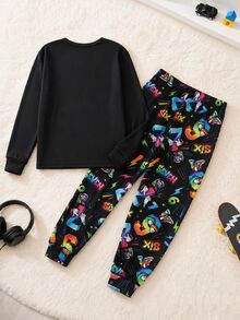 SHEIN 青少年男孩塗鴉數字67圖案圓領長袖休閒舒適修身居家睡衣套裝 2件組 - 彩色 - 查看 2