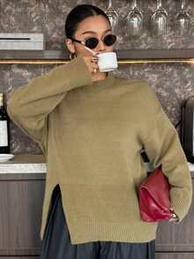 Dazy Plus Solid Color Casual Loose Fit Fun Commute Green Pullover Sweater - Army Green - View 5