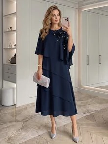 Medorina Women's Round Neck Casual Party & Travel Long Dress - Navy Blue - View 3