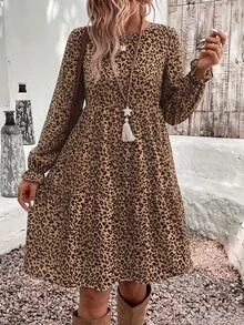 SHEIN VCAY Casual Minimalist Retro Leopard Print Loose Round Neck Plus Size Dress Suitable For Autumn/Winter - Multicolor - View 4