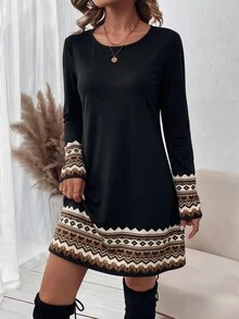 SHEIN LUNE 女款復古百搭長袖洋裝 - 黑色 - 查看 5