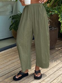 Livesso 春夏秋純色紋理布料女款寬鬆睡褲薄款居家服 - 軍綠色 - 查看 10