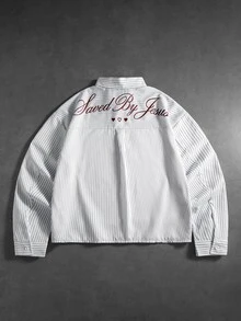 ROMWE MEN Street Life Women's Striped Letter Print Casual Daily Wear Shirt - White - View 1