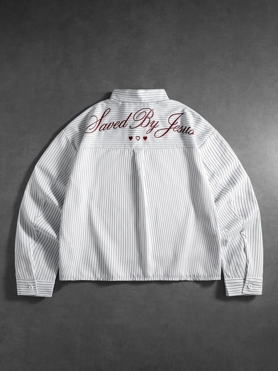 ROMWE MEN Street Life Women's Striped Letter Print Casual Daily Wear Shirt - White - View 1