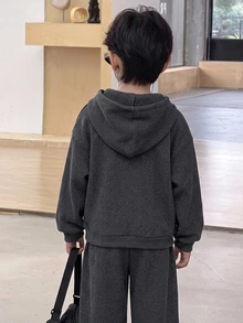 Dazy Kids 青少年男孩落肩長袖拉鍊連帽衛衣外套與長褲休閒套裝 - 深灰色 - 查看 2