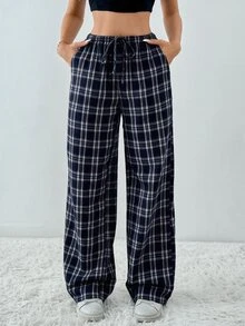 SHEIN Tall 格紋印花抽繩腰帶斜口袋寬鬆休閒學院風寬腿長褲，高個女性校園海軍藍秋季款 - 藏蓝色 - 查看 1
