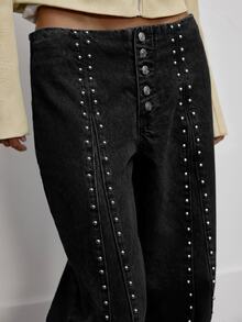 MUSERA Light Wash Studded Seam Button Fly Wide Leg Jeans Cute Daily Girly Sweet Mischief Fall Autumn - Black - View 5