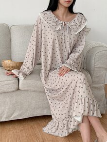 DAZY Women's Lace Patchwork Sweet Heart-Shaped Striped Pattern Loose Long Sleeve Dress Nightgown - Purple - View 3