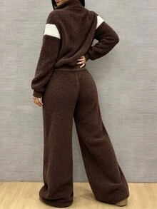 SHEIN Elenzya Bộ 2 món nữ thiết kế phối màu tương phản patchwork, cổ đứng, tay dài, bo gân cổ tay và gấu, quần ống rộng, phong cách vintage thời trang, đa năng, phù hợp mặc hằng ngày và đi làm - Nhiều màu - Xem 2
