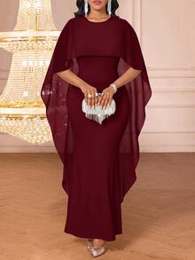 SHEIN Lady 女款純色極簡日常披肩袖洋裝，婚禮禮服套裝，優雅正式晚餐洋裝，白色秋季女裙 - 酒紅色 - 查看 2