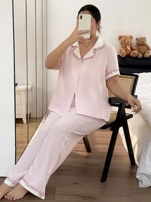 Napfluff CURVE Napfluff CURVE Plus Size Women's Striped Print Short Sleeve & Long Pants Pajama Set, Floral Lace Trim Design, Fresh Style, Suitable For All Seasons - Pink - View 4