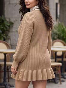 Linhara CURVE Plus Size Vintage Button Ruffle Hem Sweater Dress - Khaki - View 3