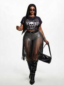 Maweii Plus Size Fashion Sexy Tassel Elastic Leather Shorts - Silver - View 5