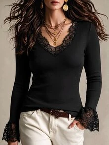 EMERY ROSE Plus Size Women's Spring/Autumn Comfortable Daily V-Neck Lace Patchwork Ribbed Knit Long Sleeve Versatile Elegant T-Shirt - Black - View 1