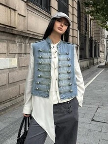 StreetHx Fashion Street Style Rivet Button Denim Jacket - Light Wash - View 2