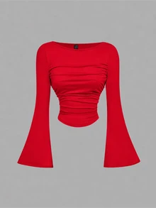 SHEIN MOD 3件組女款純色圓領喇叭袖抓皺休閒T恤 - 酒紅色 - 查看 4