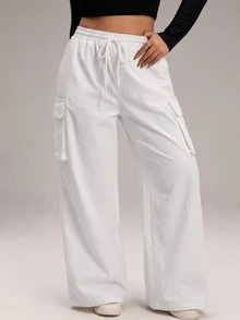 SHEIN BASICS بنطلون طويل كاجوال متعدد الاستخدامات للارتداء اليومي بلون موحد للنساء ذوات الحجم الكبير - أبيض - مشاهدة 4
