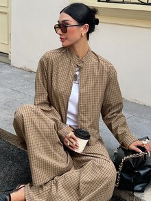 Livesso Autumn/Winter Coffee Brown Round Neck Long Sleeve Slim Fit Waist Top With High Waist Loose Wide Leg Pants Women 2 Pieces Set - Coffee Brown - View 5
