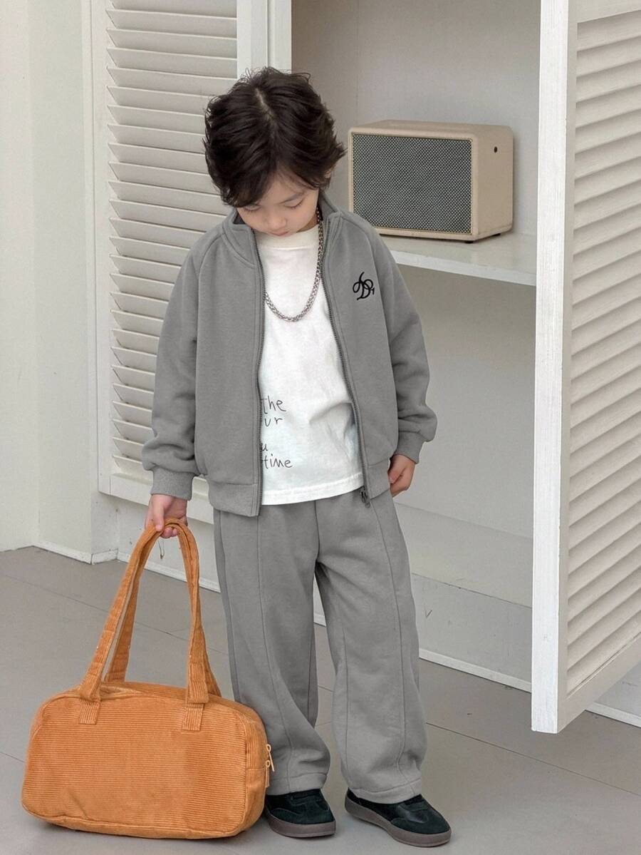 Dazy Kids Young Boys Stand Collar Zipper Casual Long Sleeve Loose Sweatshirt Top + Straight Leg Pants 2 Pieces Set - Grey - View 1